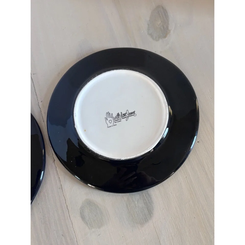 Joanne deLomba for Lotus Whimsical Coffee Cup Salad Plates Set of 2 Black 8 Inch